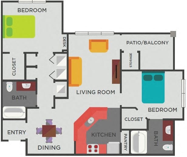 Floor plan for 2 beds, 2 baths, 1129 sqft
